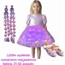 3b Kids Payetli Mor Işıklı Elbise Kostüm + Mor Bubble Saç + Mor Babet Seti Kuromi Prenses Düğün Parti