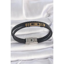 Eco Lounge 316L Çelik Gold Renk Örümcek Figür Çift Sıra Burgu Desenli Deri Kordon Erkek Bileklik