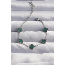 Eco Lounge 316L Çelik Baby Boy Gümüş Renk Çizgili Yeşil Mineli Yonca Bileklik