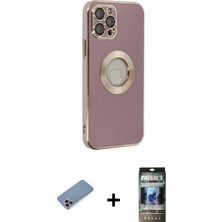 İlk El Grup Ieg™ iPhone 12 Pro Kılıf Iz Form Serisi - Siyah 34D Hayalet Izgaralı Cam + Pembe Shine Kamera Lens Koruma Cam
