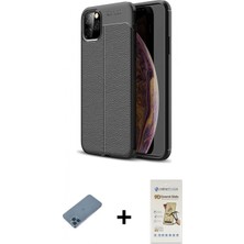 İlk El Grup Ieg™ iPhone 11 Pro Max Kılıf Doruk Klasik Özel Seri - Siyah Mat Seramik Nano Ekran Koruyucu + Mavi Shine Kamera Lens Koruma Cam