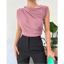 Modamorfo Bisiklet Yaka Sıfır Kol Sandy Bluz  -Pudra