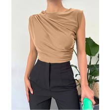 Modamorfo Bisiklet Yaka Sıfır Kol Sandy Bluz  -Vizon