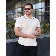 Comstar Erkek Günlük Çizgili Pamuklu Beyaz Polo Yaka Tişört