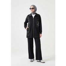 Armine Trend Zincir Çiçek Desenli Boydan Fermuarlı Pantolonlu Ikili Takım Siyah 26YT601