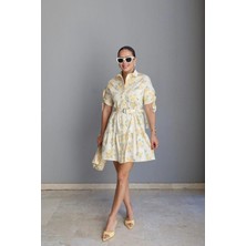 Purple By Banu Sarı Çiçek Desen Kemerli Elbise