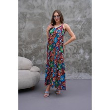 Navy Tam Boy Askılı Pileli Viskon Elbise