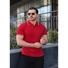Comstar Erkek Günlük Çizgili Pamuklu Kırmızı Polo Yaka Tişört