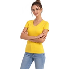 Modi Green Kadın Sarı V Yaka Slim Fit Likralı Günlük Basic Body Tişört