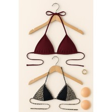 Modi Green Desenli Kadın Modern Stil Leopar ve Bordo Minimal Kesim Üçgen Bikini Üstü