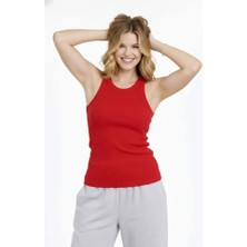 Modi Green Arka Baskılı Kadın Fit Duruş Kırmızı Fitilli Atlet Sıfır Yaka Slim Fit Spor Atlet