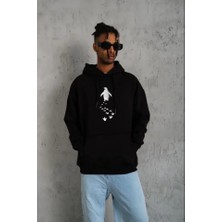 Modi Green Erkek Salaş Stil Siyah Nihilist Penguen Temalı Oversize Kapüşonlu Sweatshirt