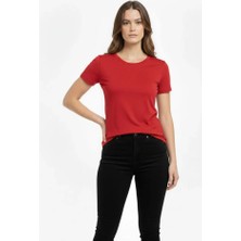 Modi Green Kadın Kırmızı Bisiklet Yaka Slim Fit Likralı Günlük Basic Body Tişört