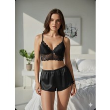 Hn. Giyim Kadın Siyah Romantik ve Şık Dantelli Bralet String ve Şort Saten 3'lü Takım