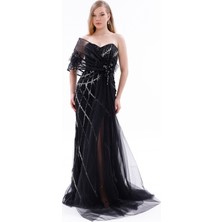 Bdm Exclusive Tek Omuz Tül Drapeli Kristal Işlemeli Yırtmaçlı Mavi Şifon Abiye Elbise