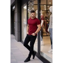 Modi Green Erkek Bordo Bisiklet Yaka Slim Fit Dar Kesim Likralı Günlük Basic Body Tişört
