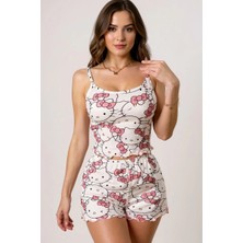 Modi Green Baskılı Kadın Kombin Şıklığı Hello Kitty Askılı Şortlu Pijama Takımı