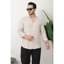 Comstar Erkek Trend Dokulu Kısa Kol Basic Krem Keten Gömlek