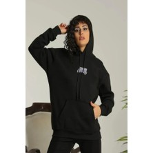 Modi Green Baskılı Kadın Salaş Stil Siyah Oversize Üç Iplik Kapüşonlu Sweatshirt