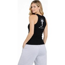 Modi Green Arka Baskılı Kadın Fit Duruş Siyah Fitilli Atlet Sıfır Yaka Slim Fit Spor Atlet