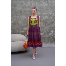 Navy Midi Boy Kare Yaka Havai Desen Kolsuz Viskon Ellbise