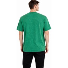 Modi Green Erkek Günlük Stil Yeşil Asit Yıkama Bisiklet Yaka Kısa Kollu Tişört Oversize Tişört