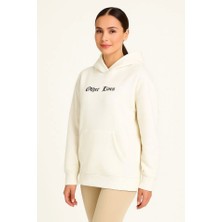 Modi Green Arka Baskılı Kadın Sokak Stili Üç Iplik Kapüşonlu Ön ve Hoodie- Beyaz Sweatshirt