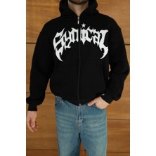 Modi Green Şardonlu Erkek Siyah Hoodie 3 Iplik Pamuklu Kumaş, Önü Baskılı, Fermuarlı Rahat Kalıp, Kışlık ve Sokak Stili Sweat Kapüşonlu Sweatshirt