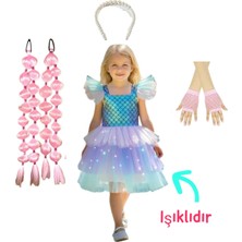 3b Kids Deniz Kızı Işıklı Kostüm Elbise + Pembe Bable Saç + Inci Taç + Pembe File Eldiven Seti