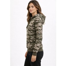 Modi Green Desenli Kadın Sokak Stili Kamuflaj Kamuflaj 2 Iplik 4 Mevsim Kapüşonlu Kanguru Cepli Hoodie Sweatshirt