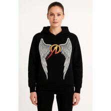 Modi Green Arka Baskılı Kadın Sokak Stili Siyah Metallica Iki Iplik Kapüşonlu Ön ve Hoodie