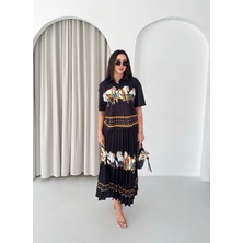 Asprin Fashion Plise Etekli Baskılı Bayan Gömlek Etek Takım