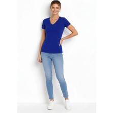 Modi Green Kadın Indigo V Yaka Slim Fit Likralı Günlük Basic Body Tişört