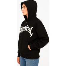 Modi Green Şardonlu Kadın Siyah Oversize Hoodie 3 Iplik Pamuklu Kumaş, Önü Baskılı, Fermuarlı Rahat Kalıp, Kışlık ve Sokak Stili Sweat Kapüşonlu Sweatshirt