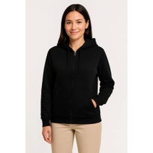 Modi Green Kadın Sokak Stili Siyah Üç Iplik Kapüşonlu Tam Fermuarlı Kanguru Çepli Hoodie Sweatshirt