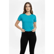 Modi Green Kadın Turkuvaz Bisiklet Yaka Slim Fit Likralı Günlük Basic Body Tişört
