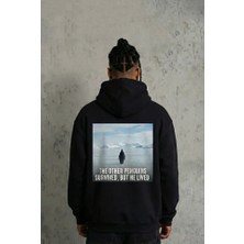 Modi Green Sırt Baskılı Kadın Salaş Stil Siyah Siyah Oversize Hoodie - Survivor Penguin Temalı, Felsefi Yazılı Kapüşonlu Sweatshirt