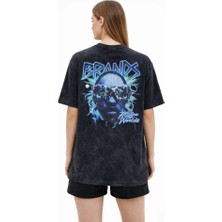 Modi Green Baskılı Kadın Günlük Stil Siyah Asit Yıkamalı Future Worlds Bisiklet Yaka Kısa Kollu Streetwear %100 Pamuk Street Style Tişört Oversize Tişört