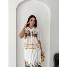 Asprin Fashion Plise Etekli Baskılı Bayan Gömlek Etek Takım