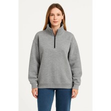 Modi Green Kadın Günlük Stil Gri Üç Iplik Dık Yaka Yarım Fermuarlı Sweatshirt