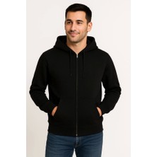 Modi Green Erkek Sokak Stili Siyah Üç Iplik Kapüşonlu Tam Fermuarlı Kanguru Çepli Hoodie Sweatshirt