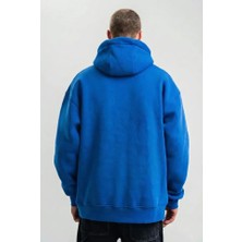 Modi Green Erkek Salaş Stil Saks Mavi Saks Mavi Double Oversize 3 Iplik Pamuklu Kapüşonlu Kanguru Cepli Hoodie Sweatshirt