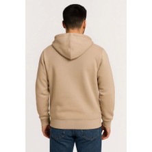 Modi Green Erkek Sokak Stili Bej Üç Iplik Kapüşonlu Tam Fermuarlı Kanguru Çepli Hoodie Sweatshirt