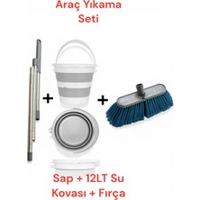Fullex 3'lü Pratik Araç Yıkama Seti 12 Lt Katlanabilir Kova, Teleskopik Sap ve Oto Yıkama Fırçası