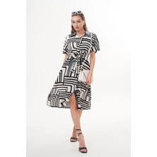 Navy Midi Boy Düğmeli Kuşaklı Kısa Kollu Gömlek Yaka Elbise