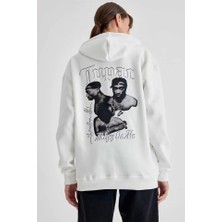 Modi Green Sırt Baskılı Kadın Sokak Stili Beyaz Kapüşonlu Üç Iplik Oversize Sweatshirt