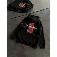 Modi Green Siyah Oversize Sweatshirt Baskılı Kadın Sokak Stili Üç Iplik Kapüşonlu