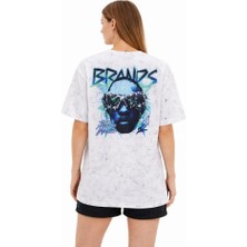 Modi Green Baskılı Kadın Günlük Stil Beyaz Asit Yıkamalı Future Worlds Bisiklet Yaka Kısa Kollu Streetwear %100 Pamuk Street Style Tişört Oversize Tişört