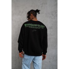Modi Green Sırt Baskılı Erkek Günlük Stil Siyah – Siyah Ön ve , Üç Iplik Içi Pamuklu Kumaş, Rahat Kalıp, Ribanalı Kışlık Sweat Winagain Polizei Serisi Oversize Sweatshirt