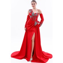 Bdm Exclusive Taş Işlemeli Yaprak Detaylı Drapeli Tafta Abiye Elbise